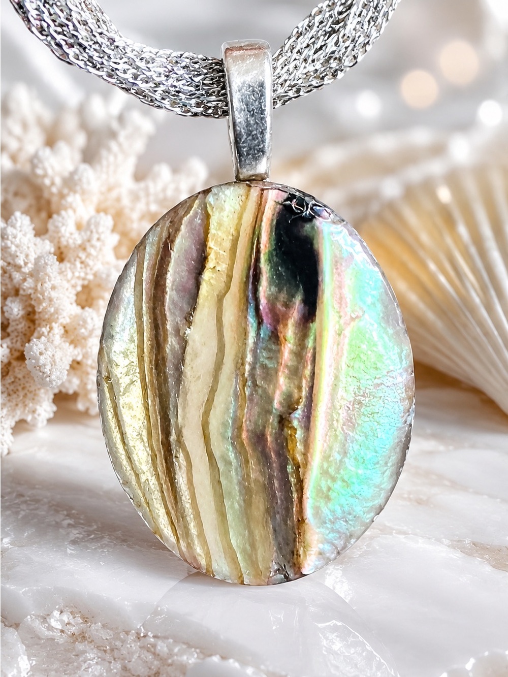 Vintage Abalone Shell Pendant Iridescent Paua Mother of Pearl Coastal Boho